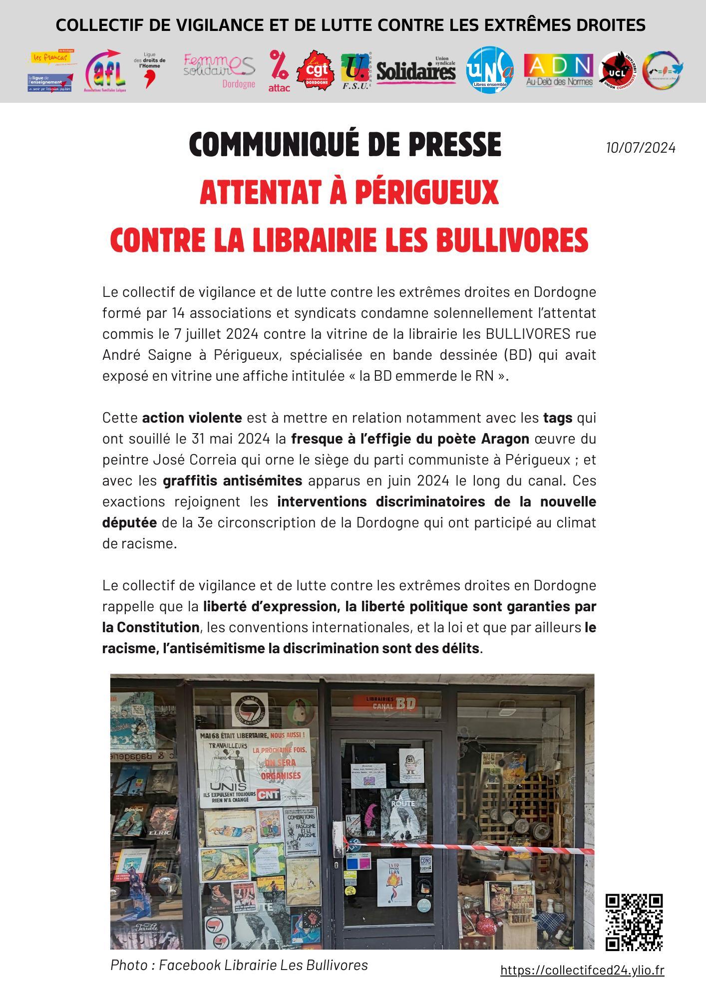 Attentat à Périgueux contre la librairie Les Bullivores