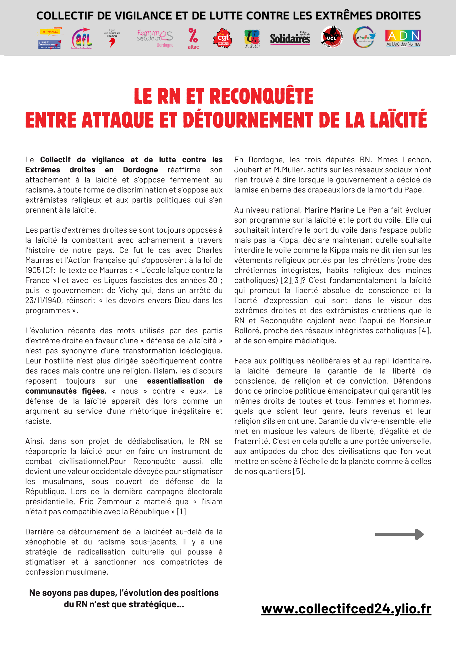 Communiqué – Le RN et Reconquête : entre attaque et détournement de la laïcité